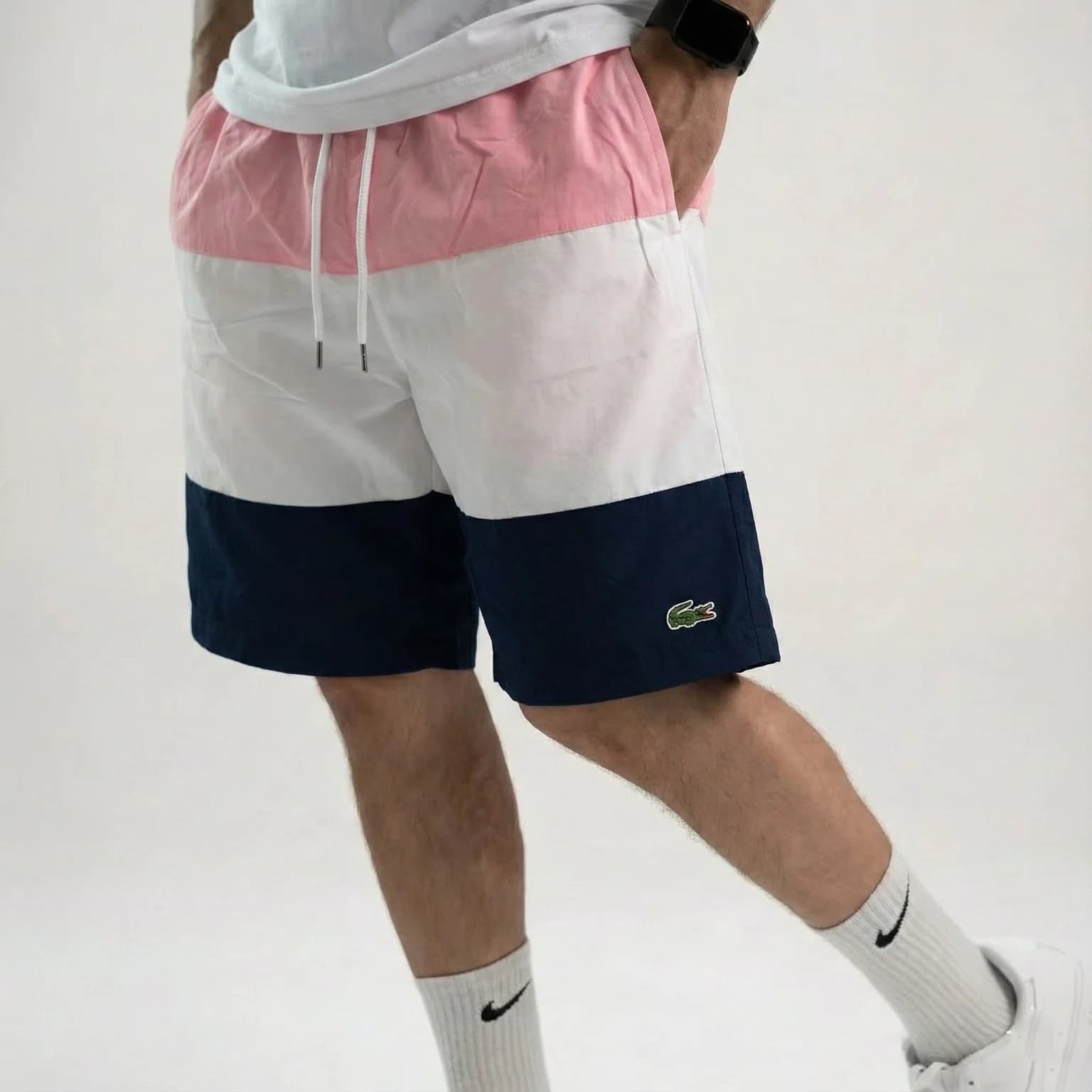 محصول Lacoste Colorblock Swim Shorts Pink White Navy Front On Model