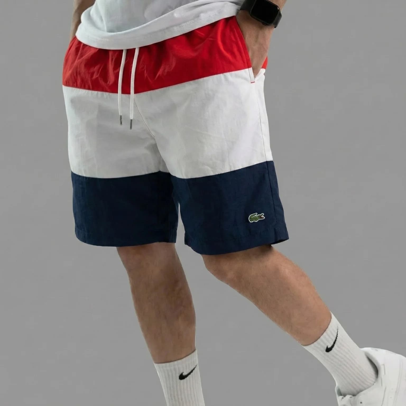 محصول Lacoste Colorblock Swim Shorts Red White Navy Front On Model